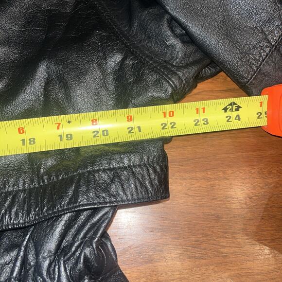 90s Wilson Black Leather Coat Belted Leather Drawstring Jacket with Hood Large - Picture 5 of 6